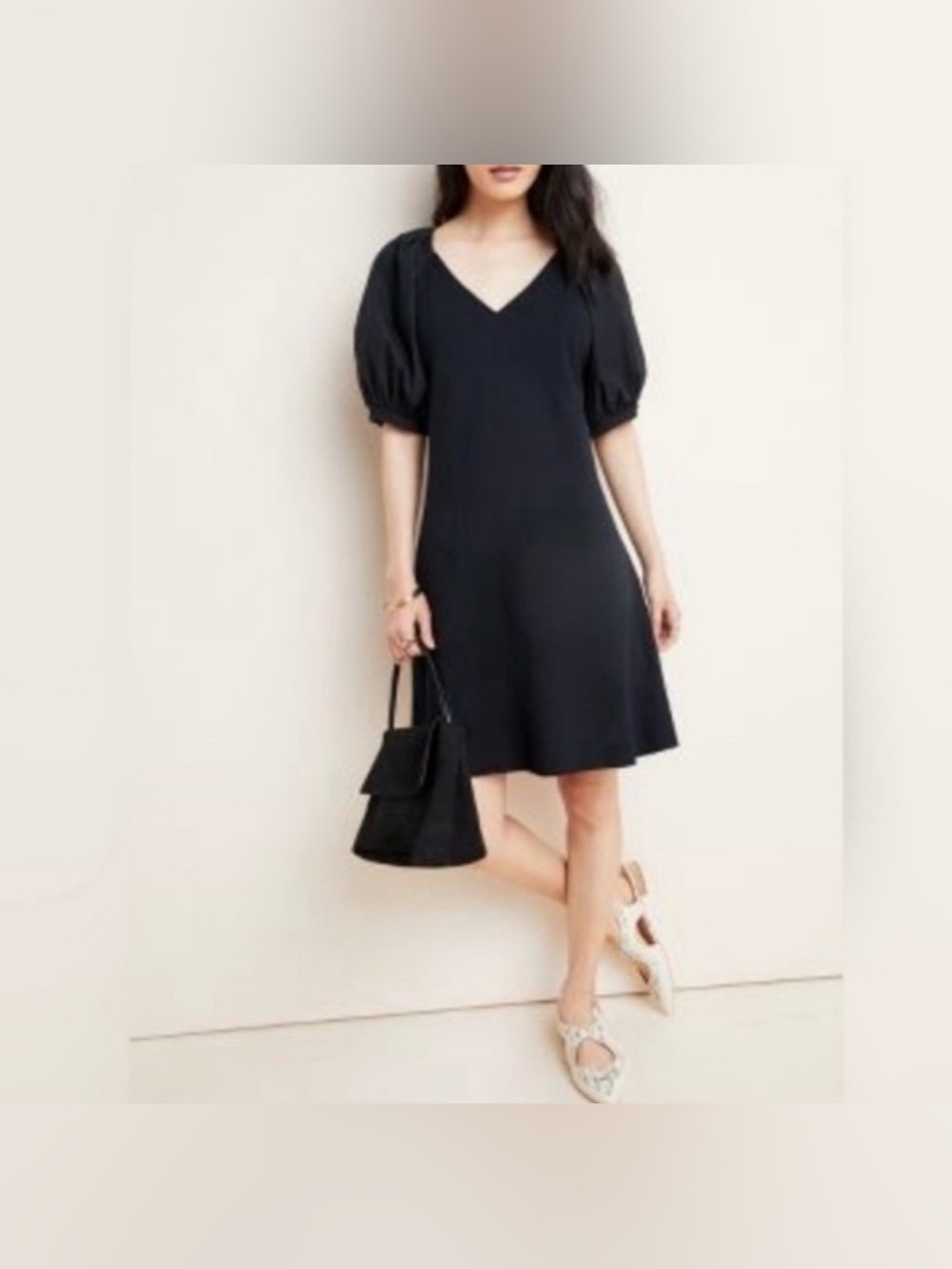 💣 Anthropologie Maeve Black V-Neck Puff Sleeve Mini Dress 💣